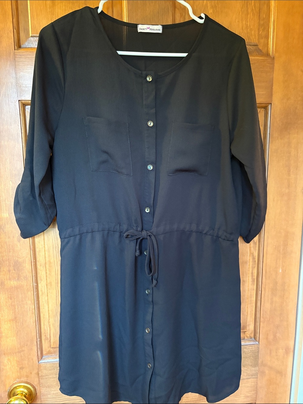 Dainty Hooligan Black Button-Front Drawstring Tunic Dress